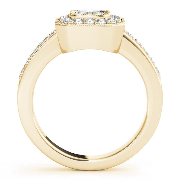 Yellow gold Cushion-Cut Diamond Halo Engagement Ring with Pave Band and Prong Setting 2