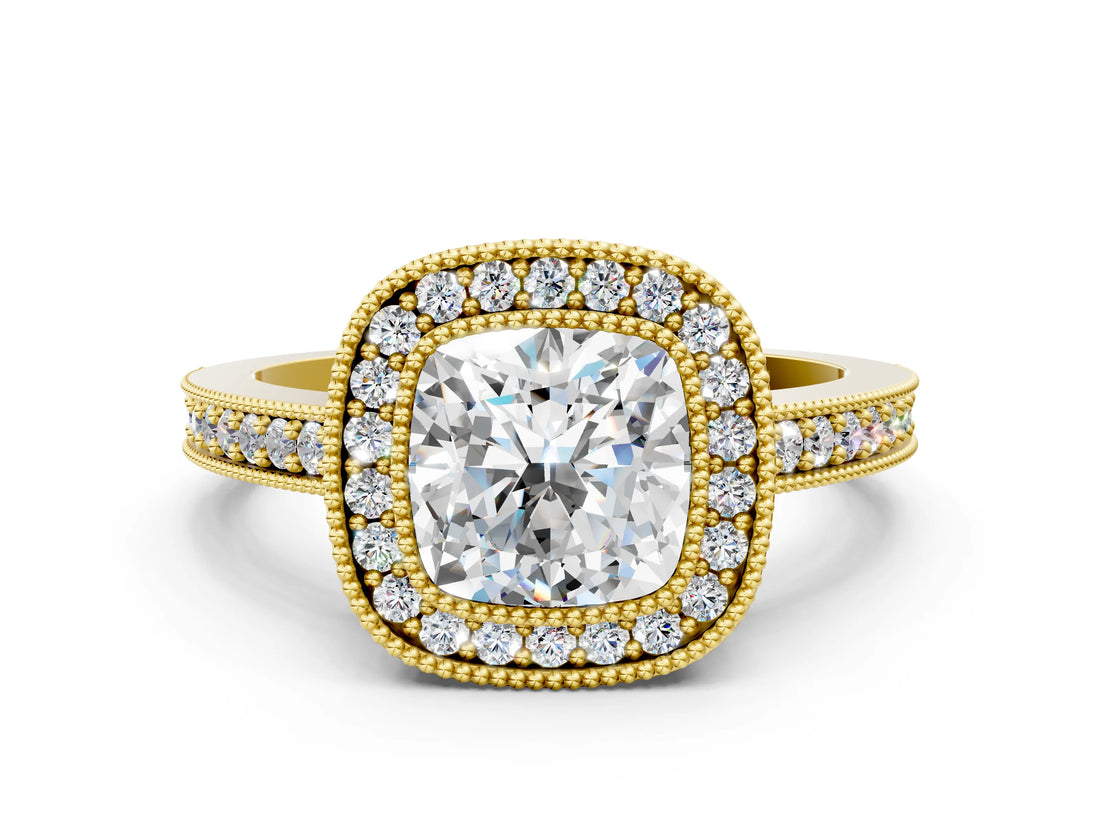 Yellow gold Cushion-Cut Diamond Halo Engagement Ring with Pave Band and Prong Setting_18