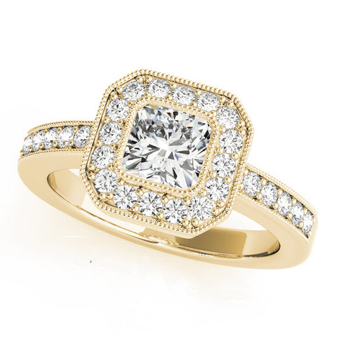Yellow gold Cushion-Cut Diamond Halo Engagement Ring with Pave Band and Prong Setting