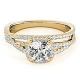 Yellow gold Cushion Cut Diamond Halo Engagement Ring with Twisted Split Shank Pavé Band 1