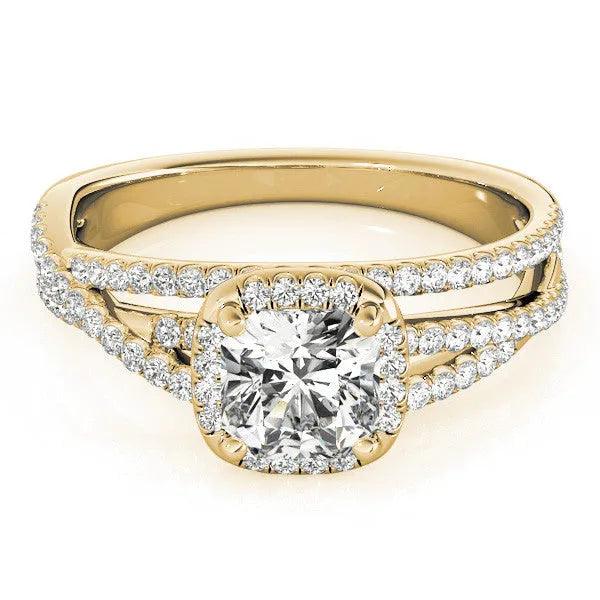 Yellow gold Cushion Cut Diamond Halo Engagement Ring with Twisted Split Shank Pavé Band