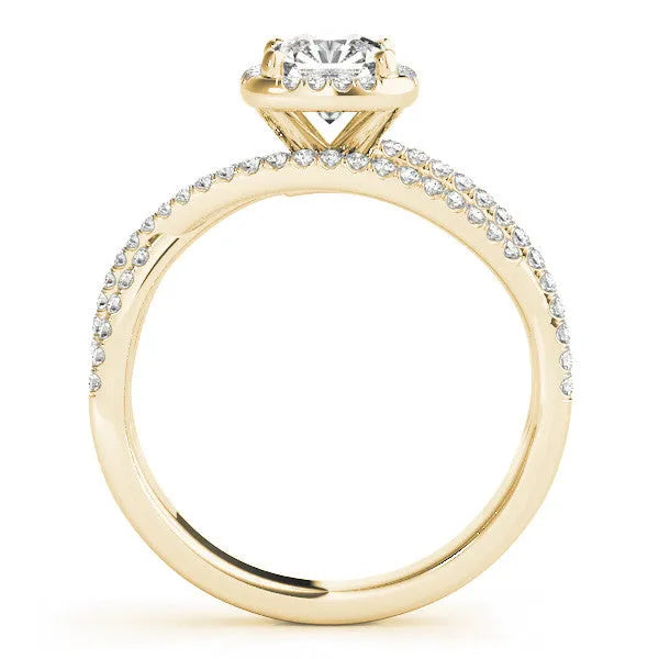 Yellow gold Cushion Cut Diamond Halo Engagement Ring with Twisted Split Shank Pavé Band
