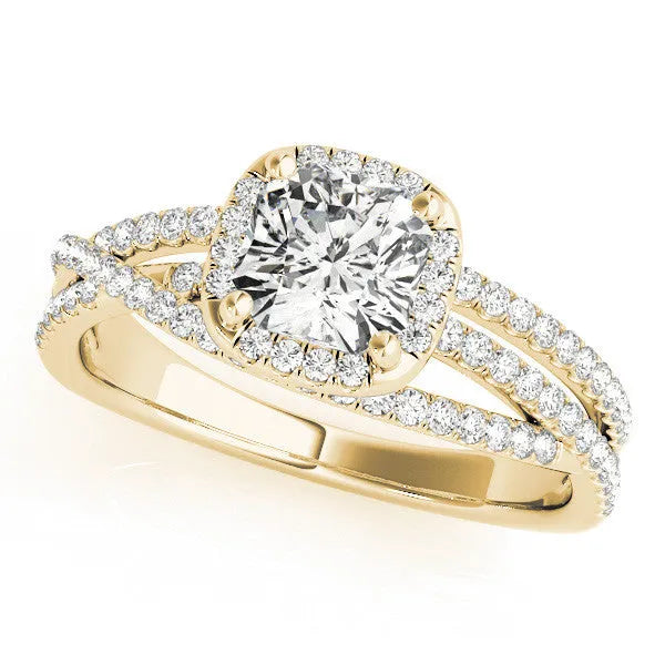 Yellow gold Cushion Cut Diamond Halo Engagement Ring with Twisted Split Shank Pavé Band