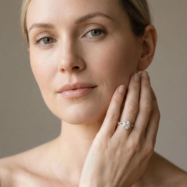 Yellow gold Cushion Cut Diamond Halo Engagement Ring with Twisted Split Shank Pavé Band