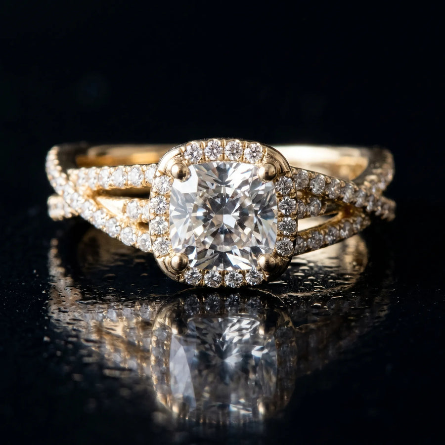 Yellow gold Cushion Cut Diamond Halo Engagement Ring with Twisted Split Shank Pavé Band