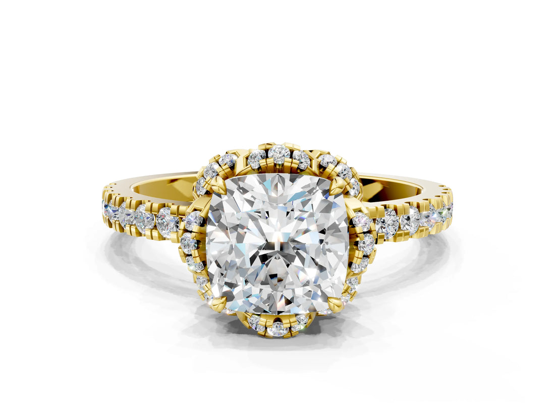 Yellow gold Cushion Cut Diamond Halo Pave Band with Four-Prong Setting_4