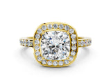 Yellow gold Cushion Cut Diamond Halo Ring with Bezel Frame and Pavé Band_3