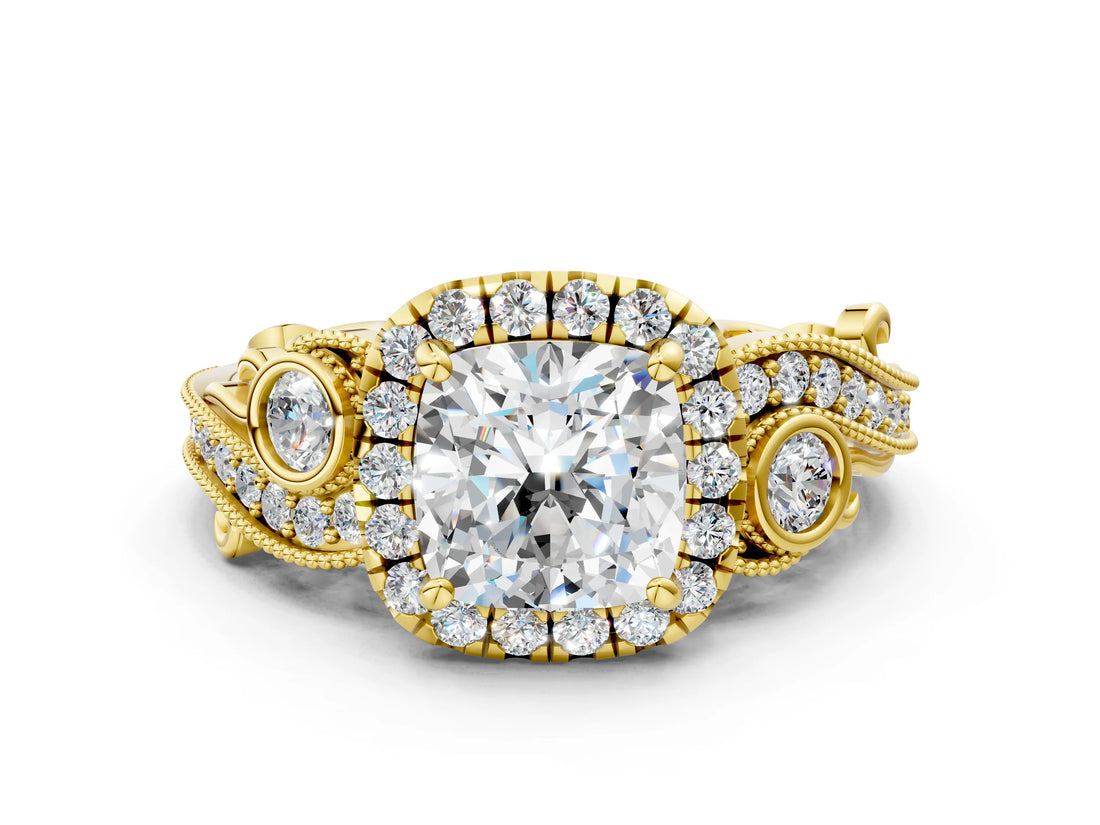 Yellow gold Cushion Cut Diamond Halo Ring with Milgrain Pavé Band and Four-Prong Setting_69