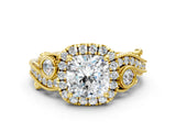 Yellow gold Cushion Cut Diamond Halo Ring with Milgrain Pavé Band and Four-Prong Setting_69