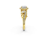 Yellow gold Cushion Cut Diamond Halo Ring with Milgrain Pavé Band and Four-Prong Setting_71