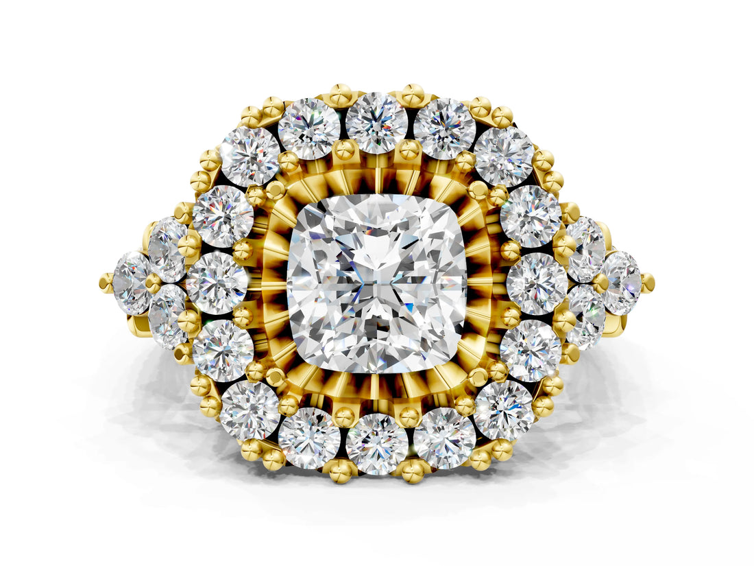 Yellow gold Cushion Cut Diamond Halo Ring with Pavé Band and Four-Prong Setting_41