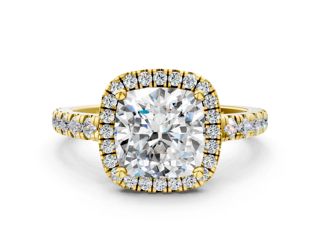 Yellow gold Cushion Cut Diamond Halo Ring with Pavé Band and Four-Prong Setting_7