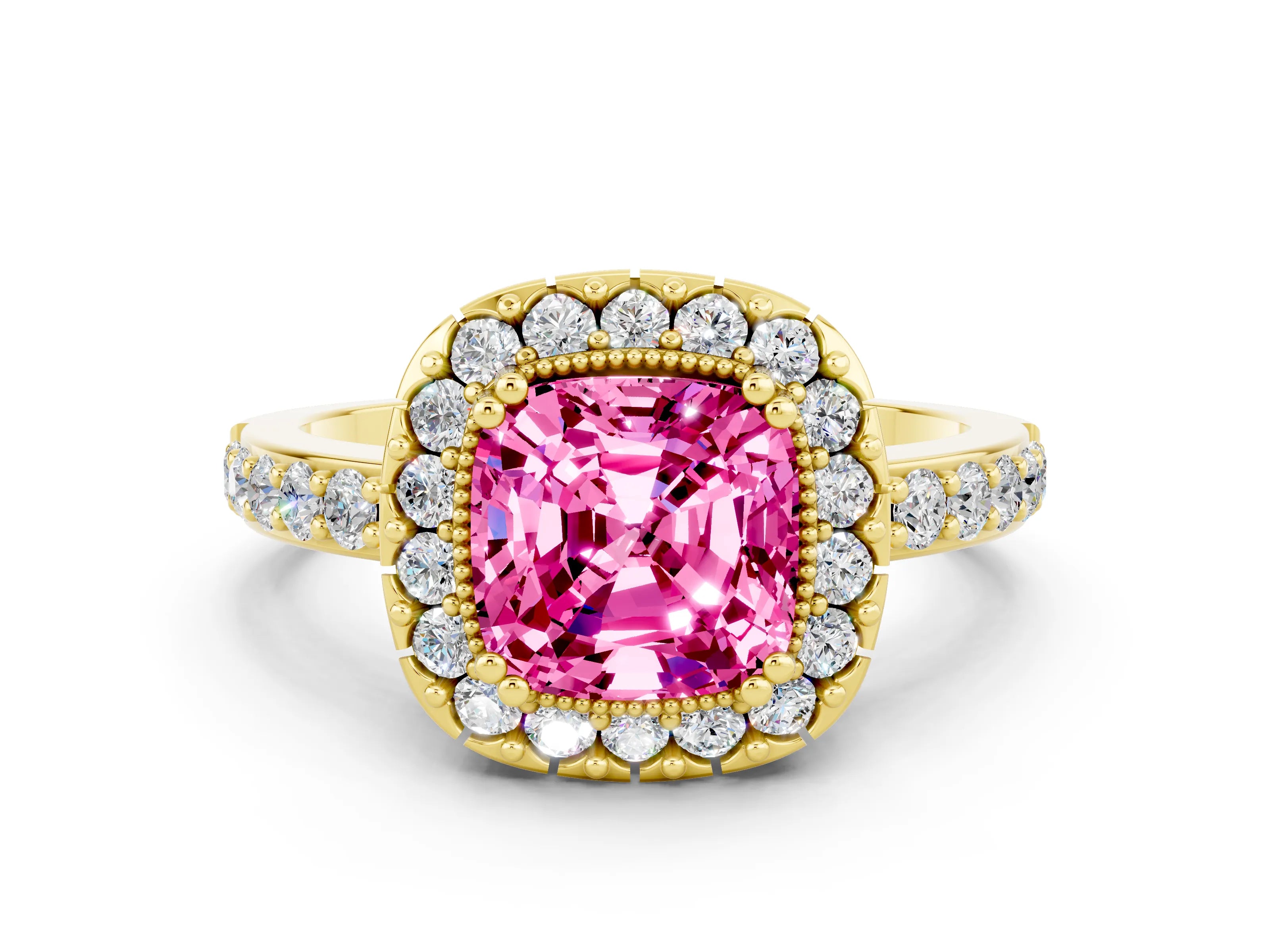 Yellow gold Cushion Cut Diamond Halo Ring with Pavé Band and Prong Setting