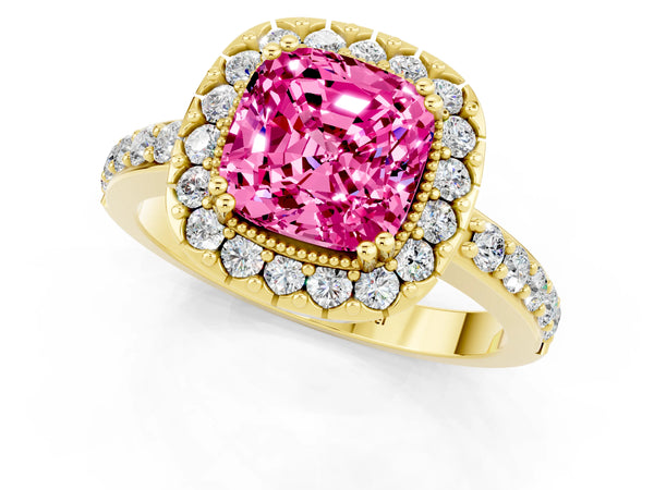 Yellow gold Cushion Cut Pink Sapphire Halo Ring with Pavé Band and Prong Setting