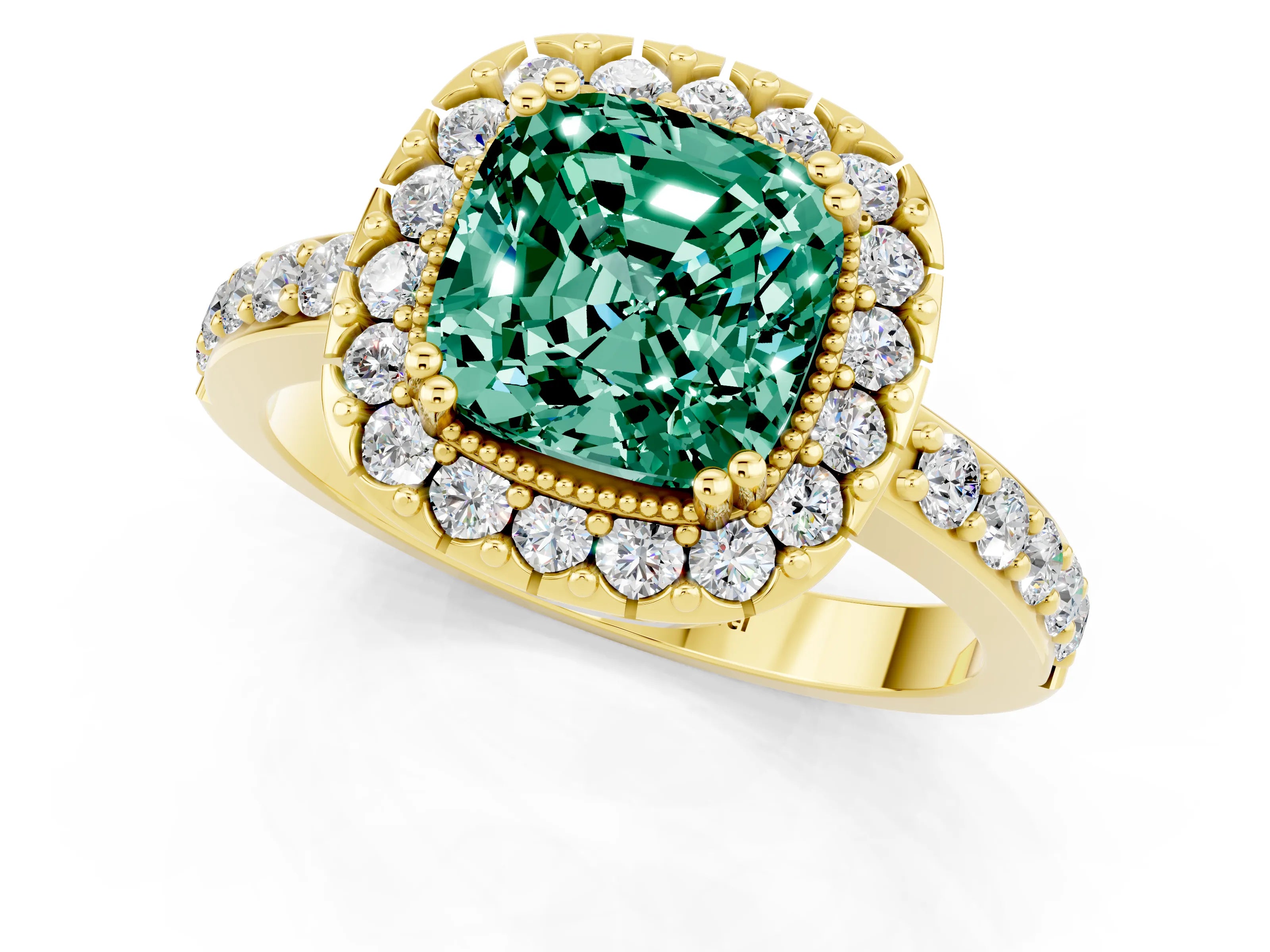 Yellow gold Cushion Cut Diamond Halo Ring with Pavé Band and Prong Setting_1