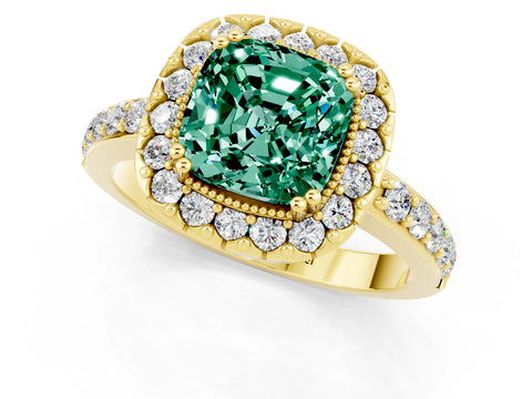 Yellow gold Cushion Cut Diamond Halo Ring with Pavé Band and Prong Setting_1