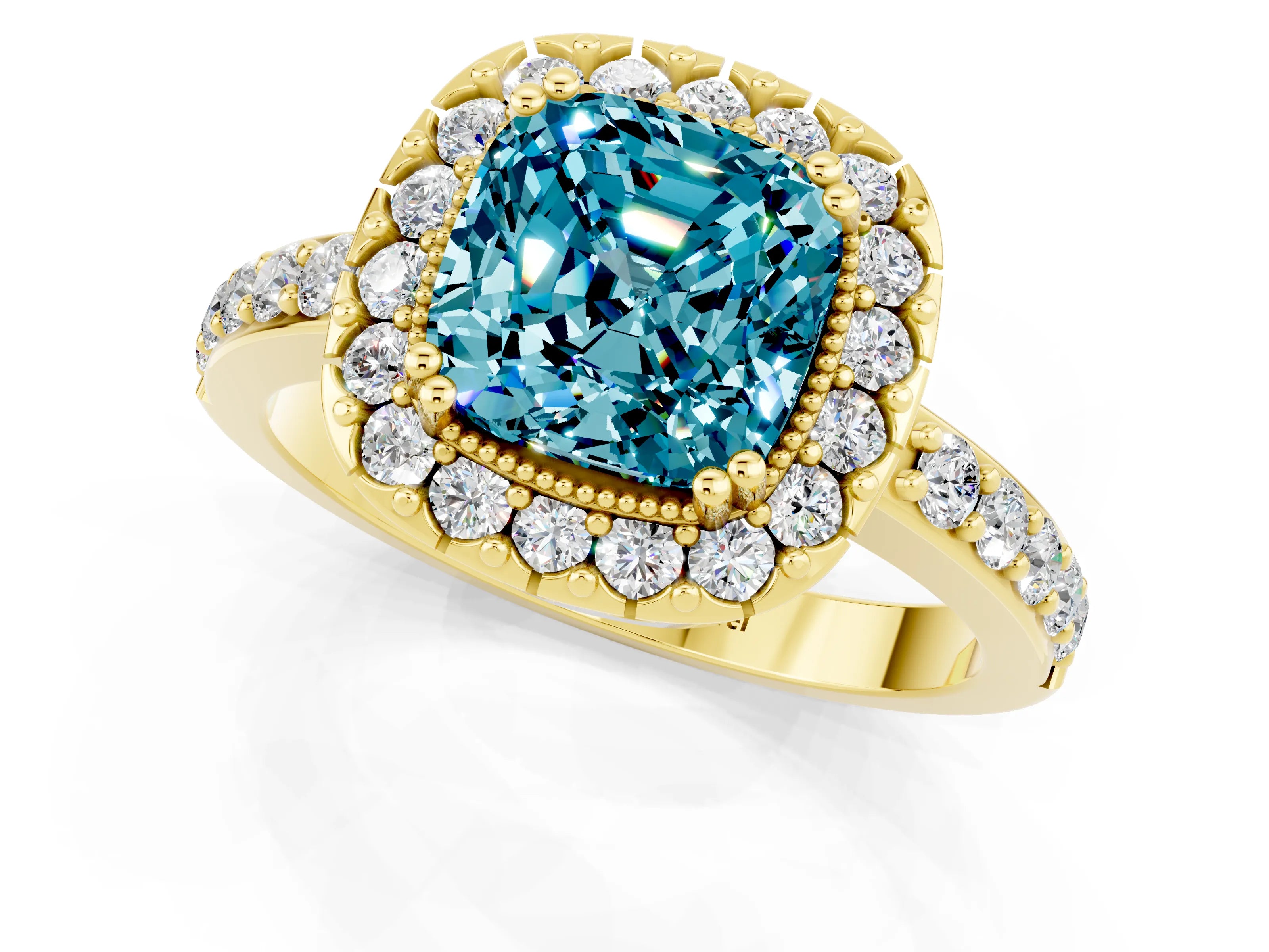 Yellow gold Cushion Cut Diamond Halo Ring with Pavé Band and Prong Setting_1