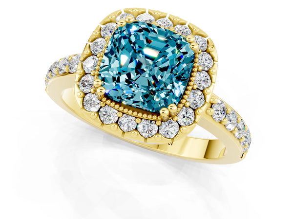 Yellow gold Cushion Cut Blue Topaz Halo Ring with Pavé Band and Prong Setting