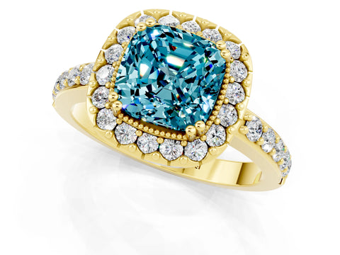 Yellow gold Cushion Cut Diamond Halo Ring with Pavé Band and Prong Setting_1