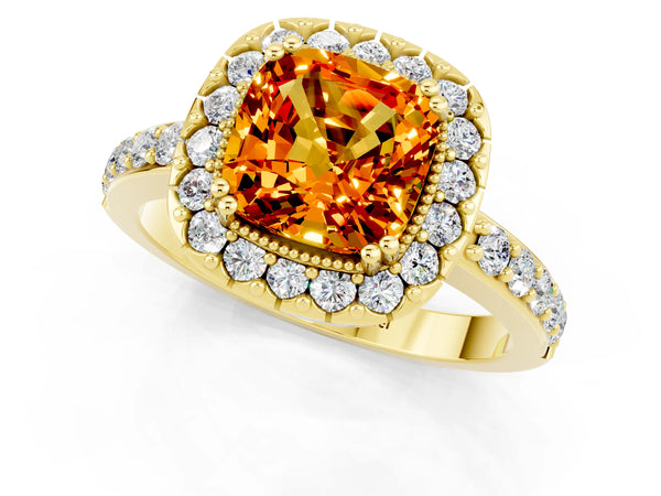 Yellow gold Cushion Cut Citrine Halo Ring with Pavé Band and Prong Setting
