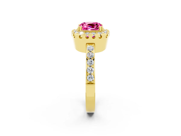 Yellow gold Cushion Cut Pink Sapphire Halo Ring with Pavé Band and Prong Setting