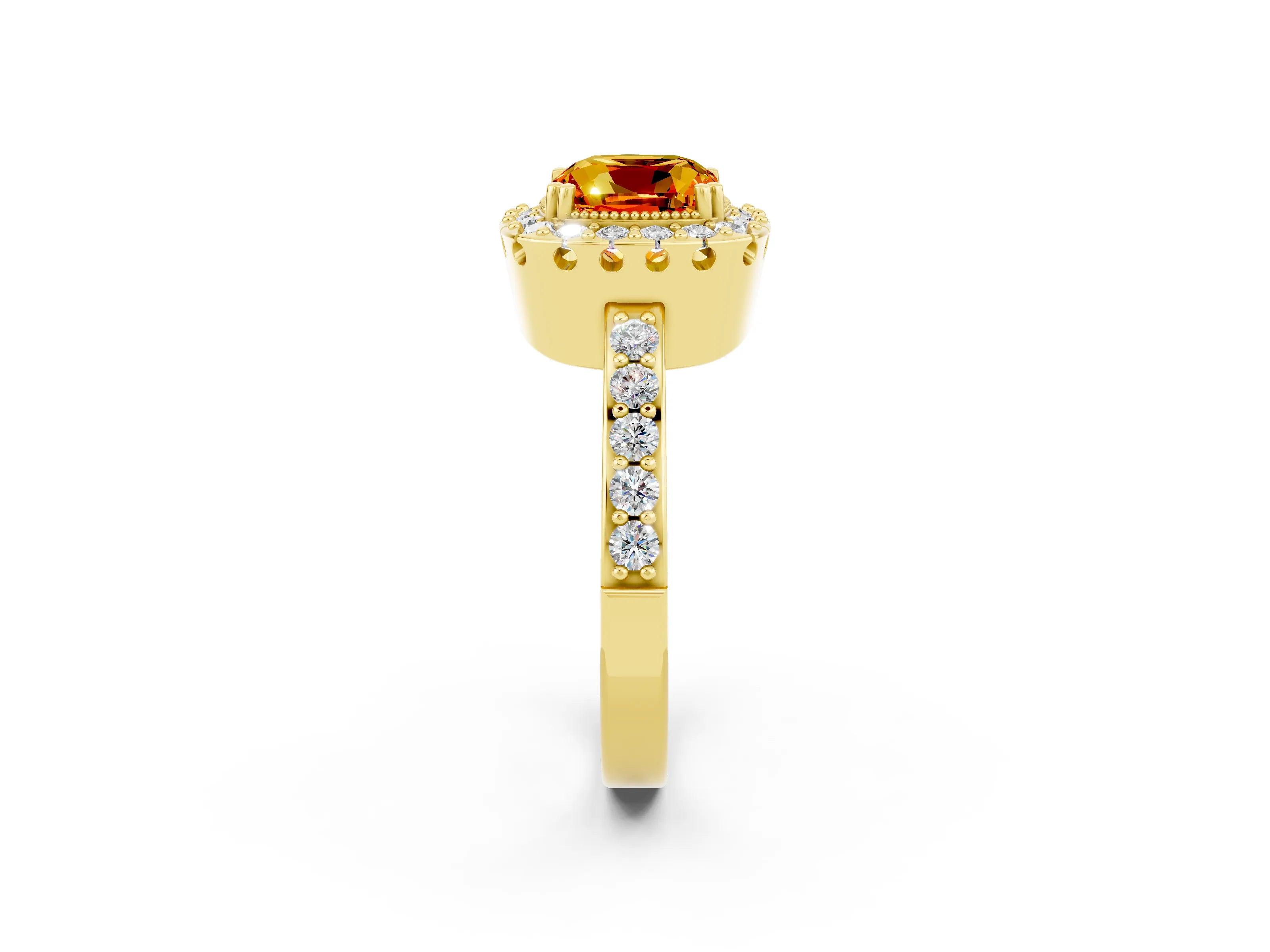Yellow gold Cushion Cut Diamond Halo Ring with Pavé Band and Prong Setting_2