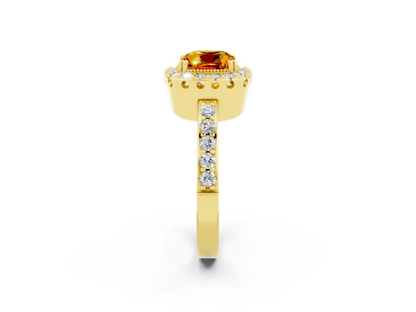 Yellow gold Cushion Cut Citrine Halo Ring with Pavé Band and Prong Setting