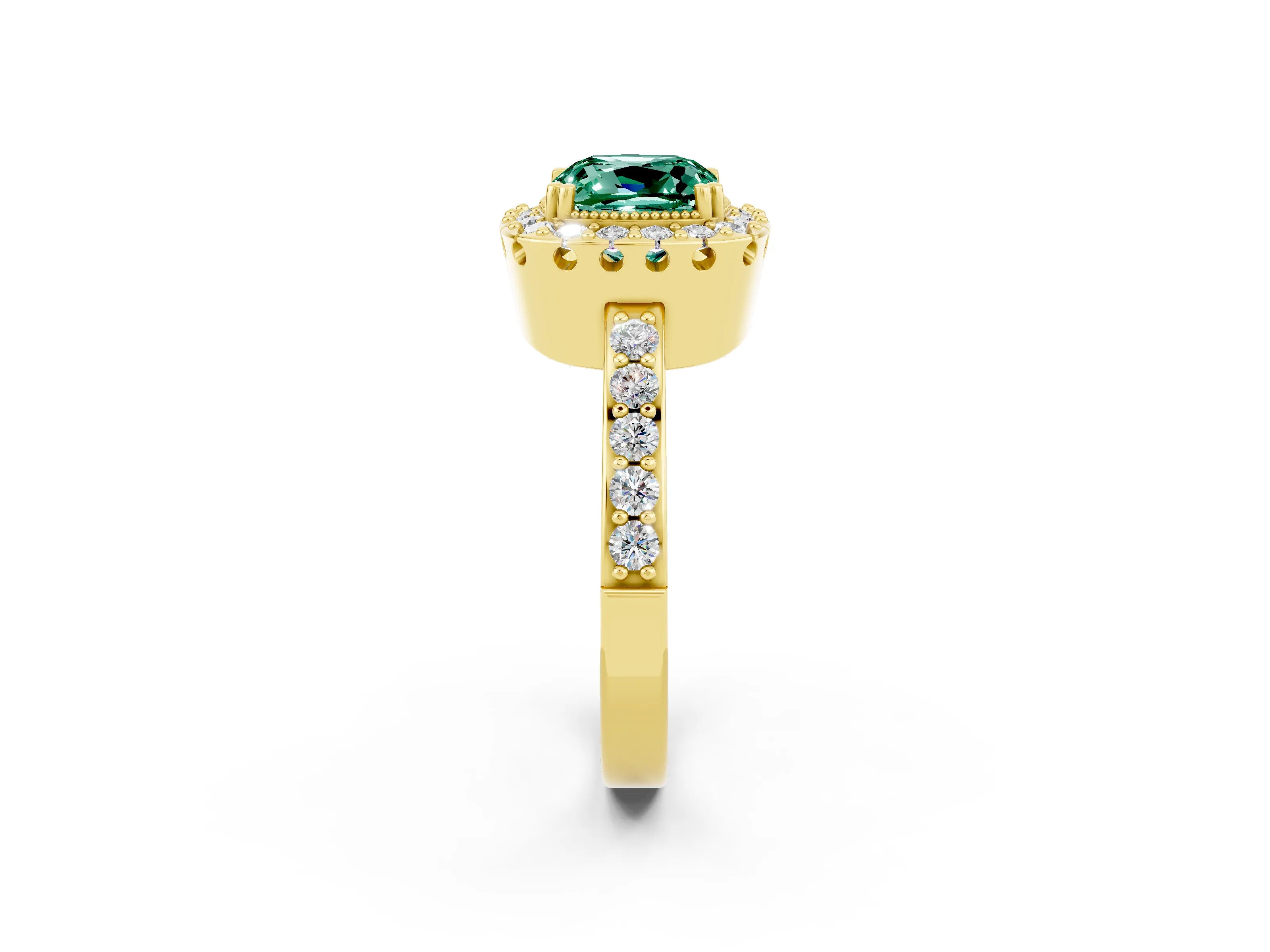 Yellow gold Cushion Cut Diamond Halo Ring with Pavé Band and Prong Setting_2