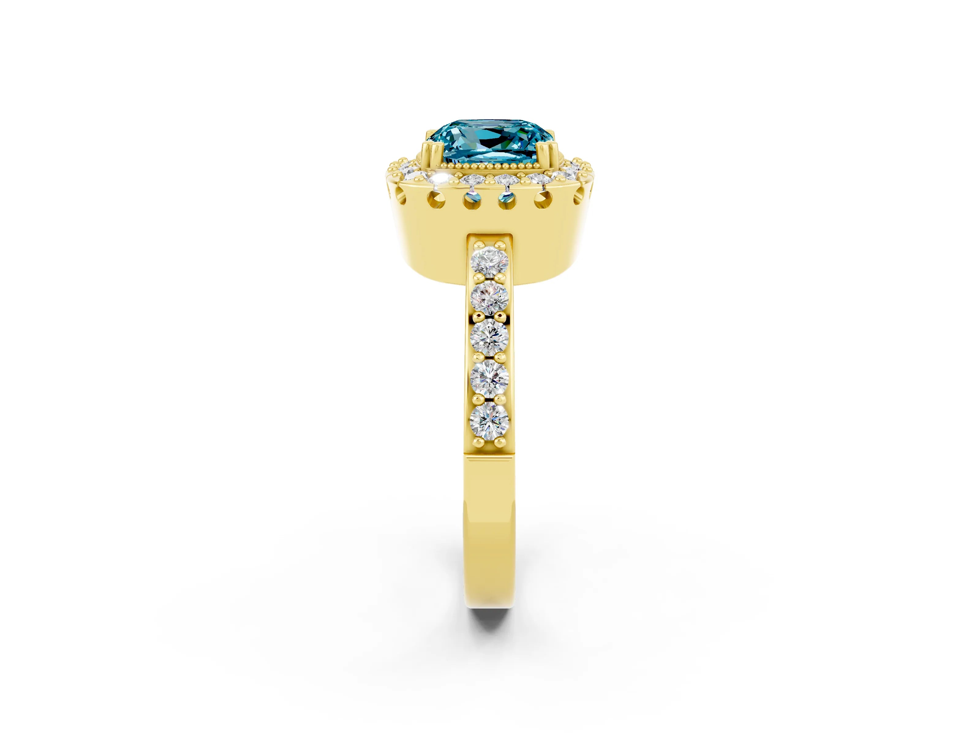 Yellow gold Cushion Cut Diamond Halo Ring with Pavé Band and Prong Setting_2