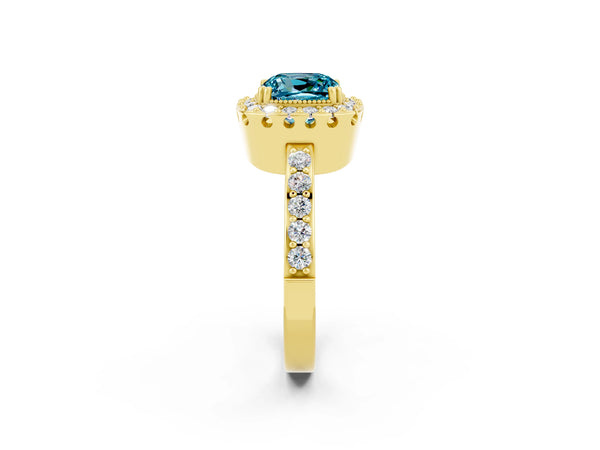 Yellow gold Cushion Cut Blue Topaz Halo Ring with Pavé Band and Prong Setting