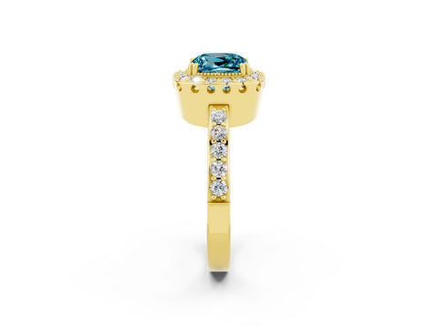 Yellow gold Cushion Cut Diamond Halo Ring with Pavé Band and Prong Setting_2