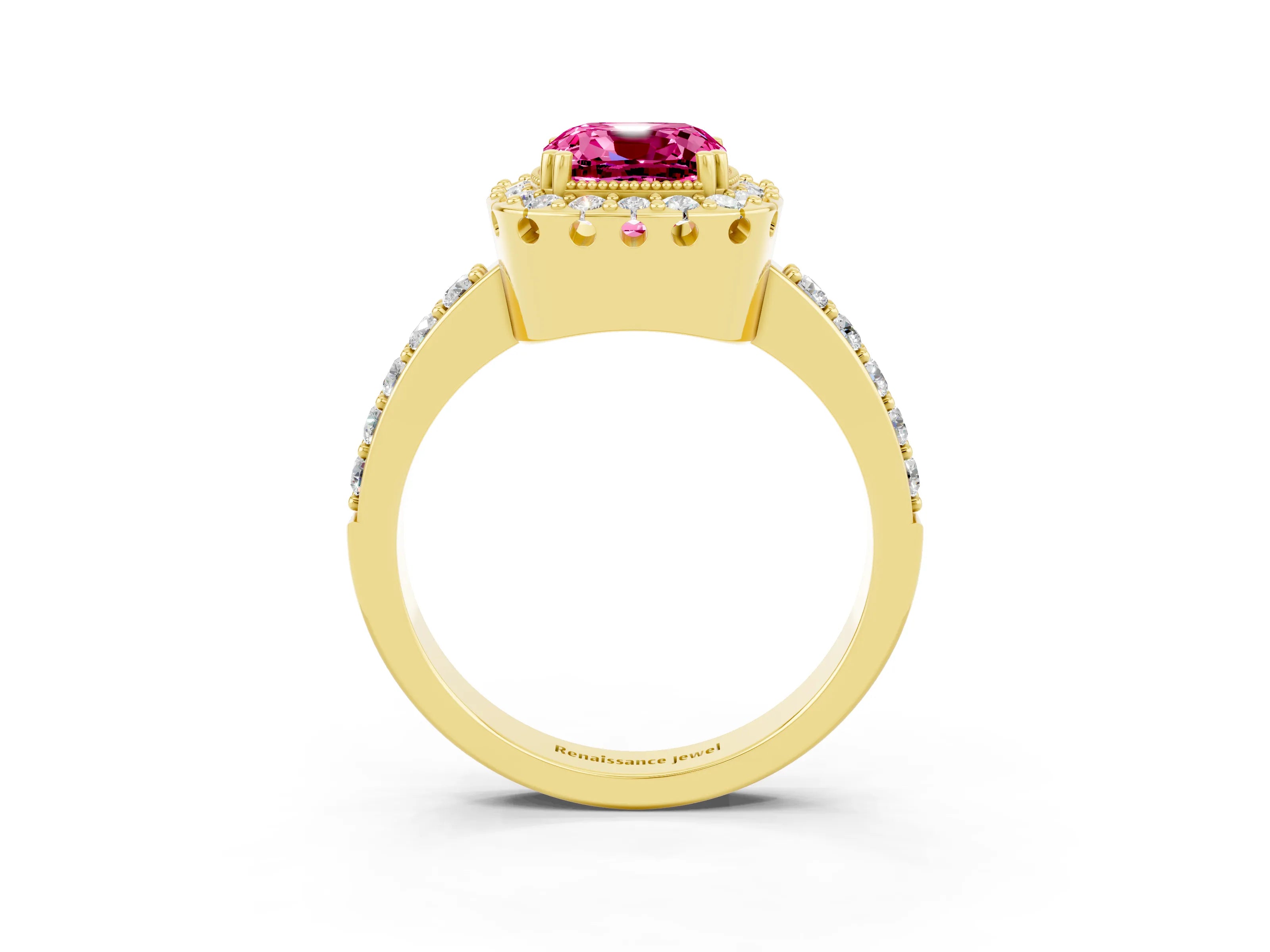Yellow gold Cushion Cut Diamond Halo Ring with Pavé Band and Prong Setting_3