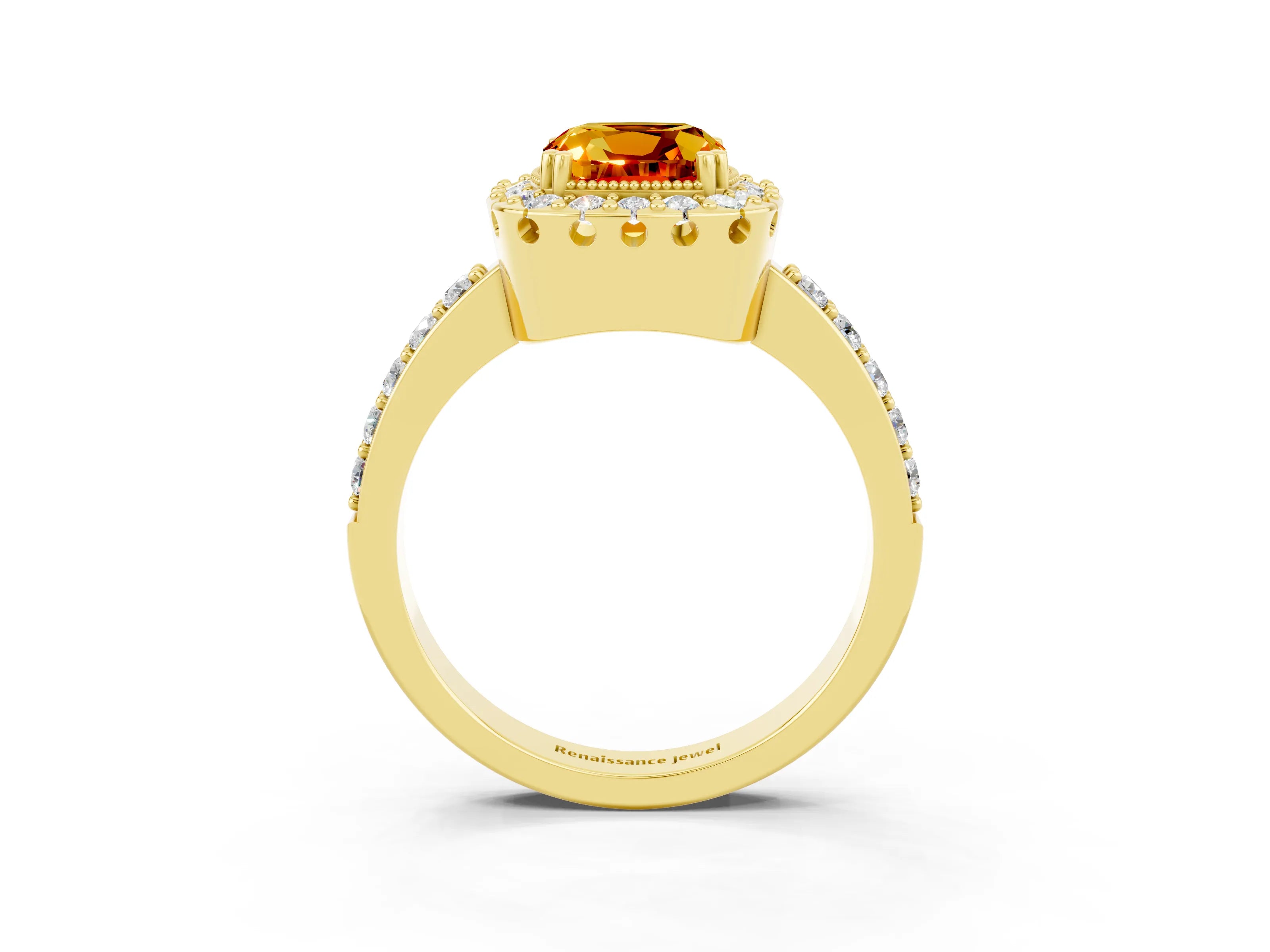 Yellow gold Cushion Cut Diamond Halo Ring with Pavé Band and Prong Setting_3