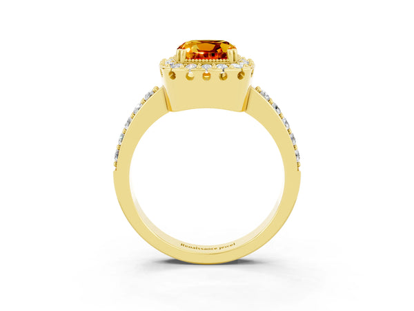 Yellow gold Cushion Cut Citrine Halo Ring with Pavé Band and Prong Setting