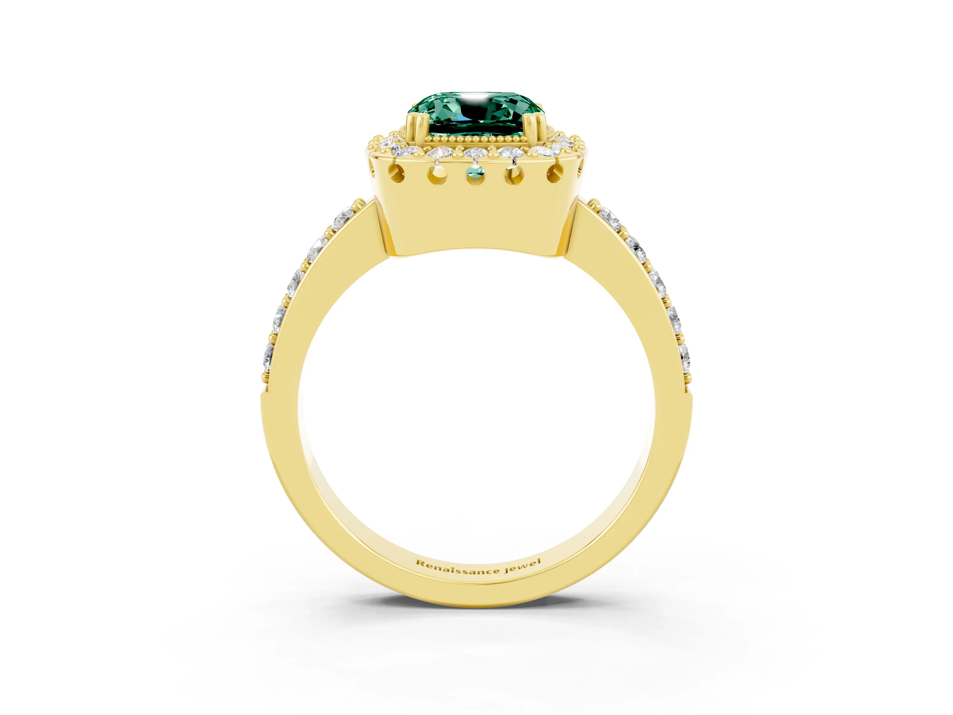 Yellow gold Cushion Cut Diamond Halo Ring with Pavé Band and Prong Setting_3