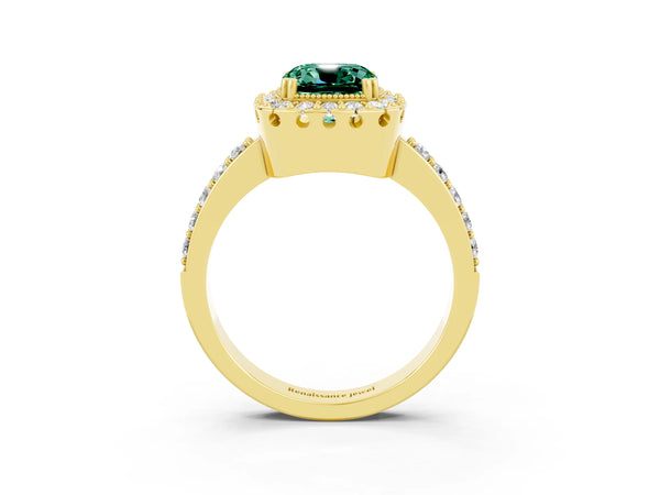 Yellow gold Cushion Cut Green Sapphire Halo Ring with Pavé Band and Prong Setting