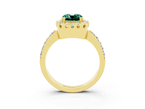 Yellow gold Cushion Cut Diamond Halo Ring with Pavé Band and Prong Setting_3