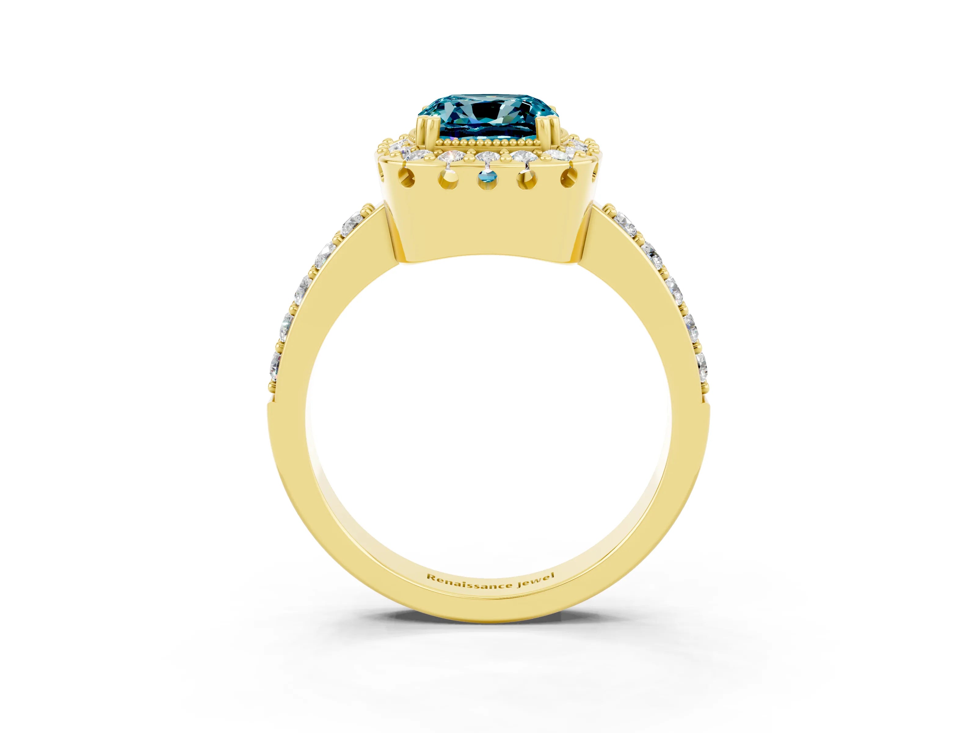 Yellow gold Cushion Cut Diamond Halo Ring with Pavé Band and Prong Setting_3