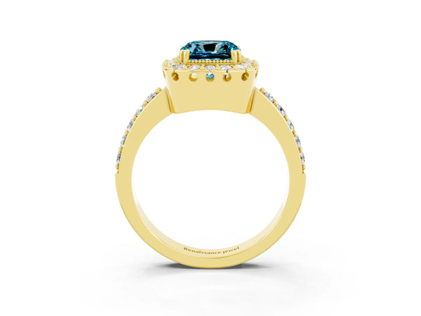 Yellow gold Cushion Cut Blue Topaz Halo Ring with Pavé Band and Prong Setting