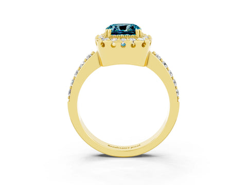 Yellow gold Cushion Cut Diamond Halo Ring with Pavé Band and Prong Setting_3