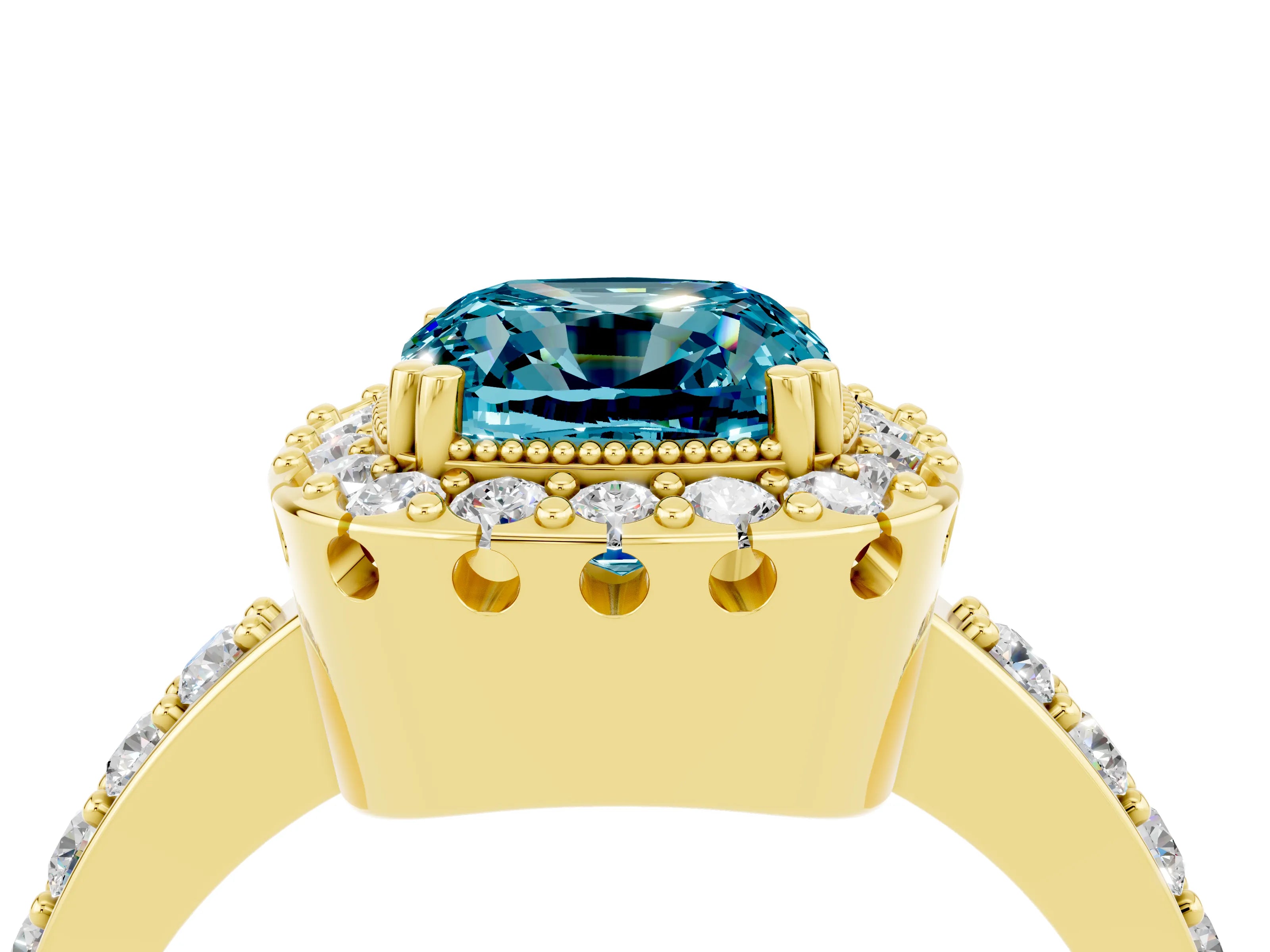 Yellow gold Cushion Cut Diamond Halo Ring with Pavé Band and Prong Setting_4