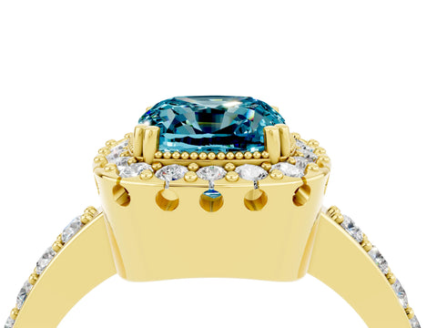 Yellow gold Cushion Cut Diamond Halo Ring with Pavé Band and Prong Setting_4