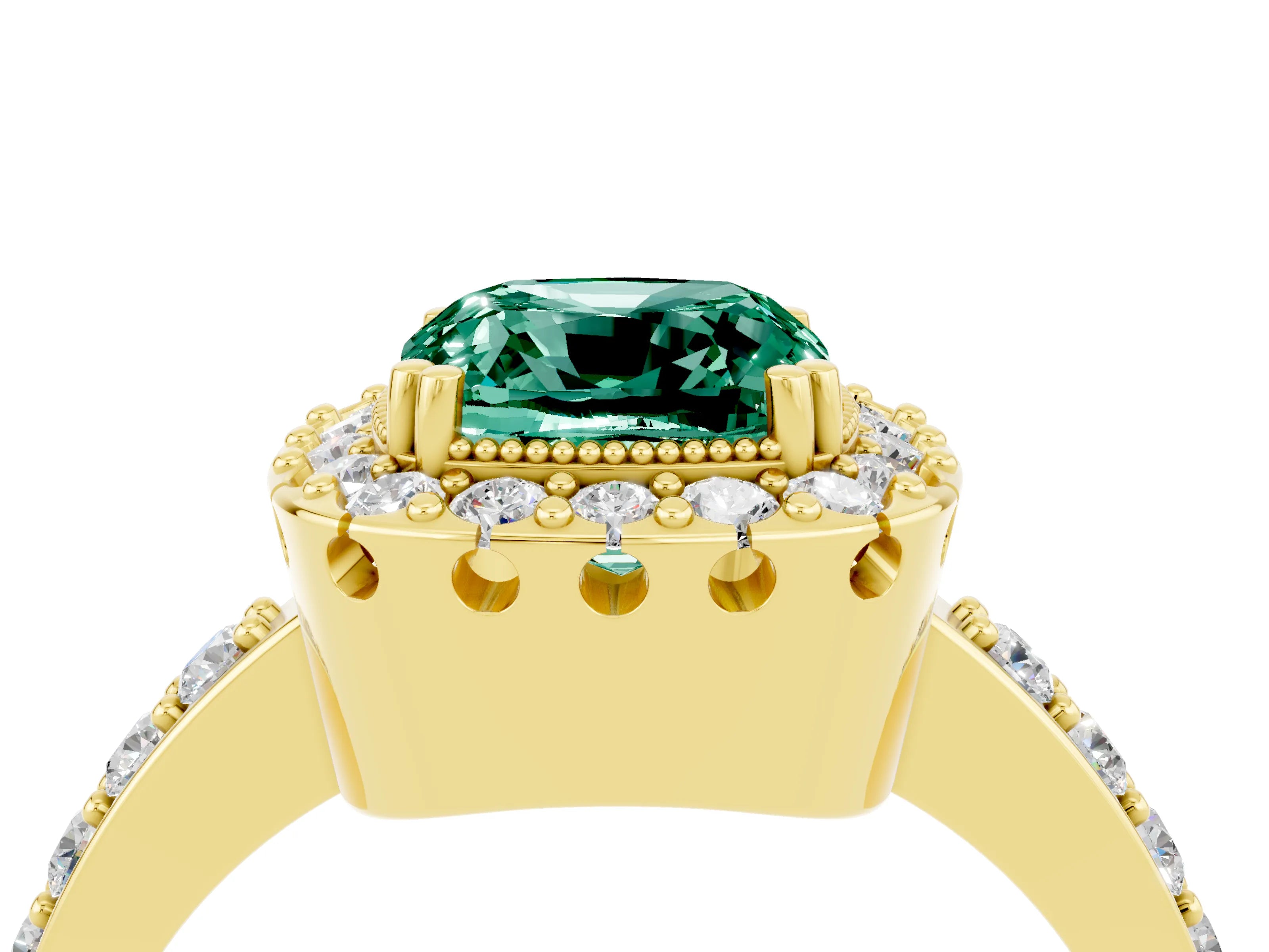 Yellow gold Cushion Cut Diamond Halo Ring with Pavé Band and Prong Setting_4