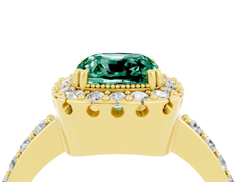 Yellow gold Cushion Cut Diamond Halo Ring with Pavé Band and Prong Setting_4
