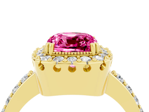 Yellow gold Cushion Cut Diamond Halo Ring with Pavé Band and Prong Setting_4