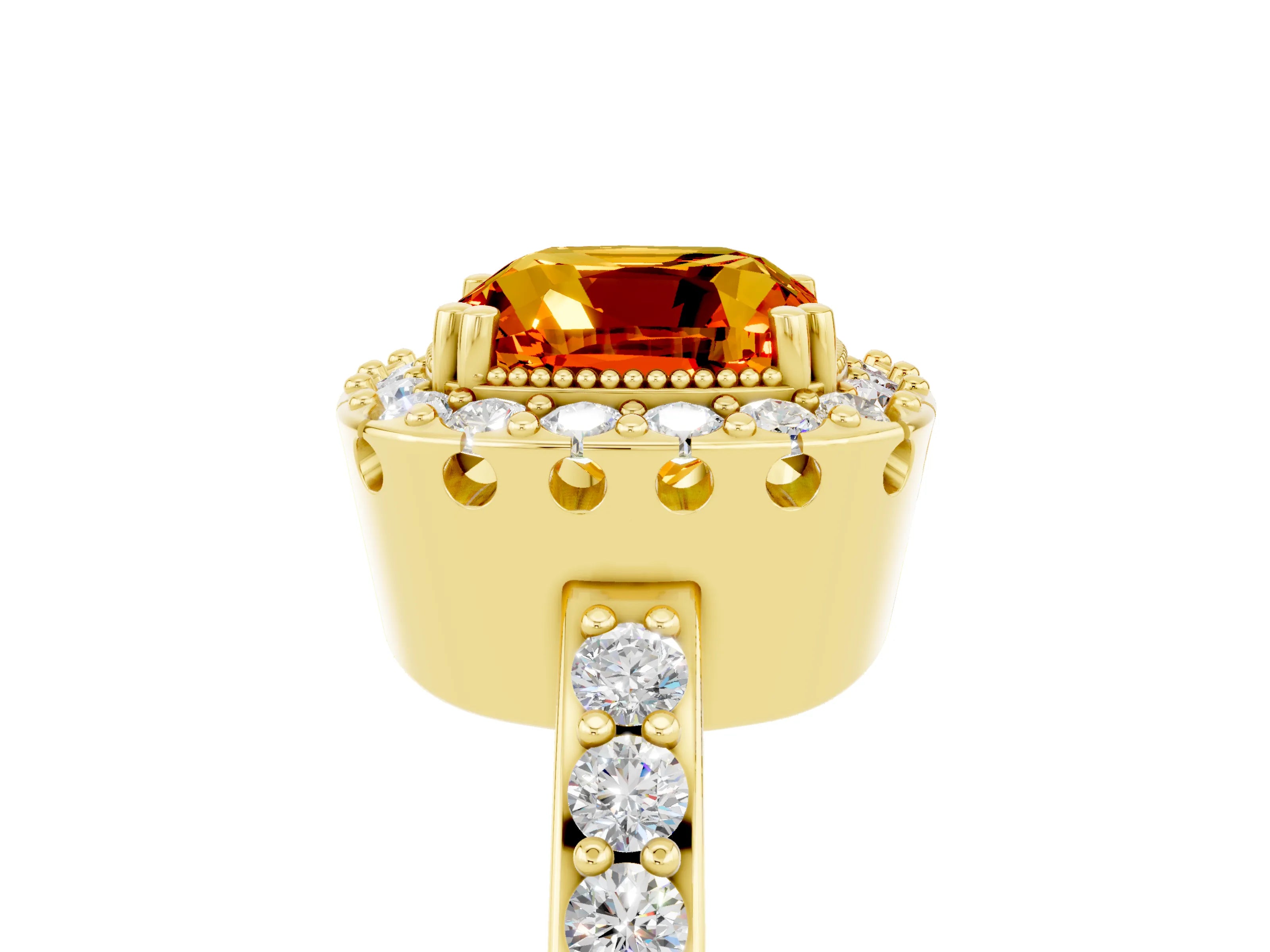 Yellow gold Cushion Cut Diamond Halo Ring with Pavé Band and Prong Setting_5