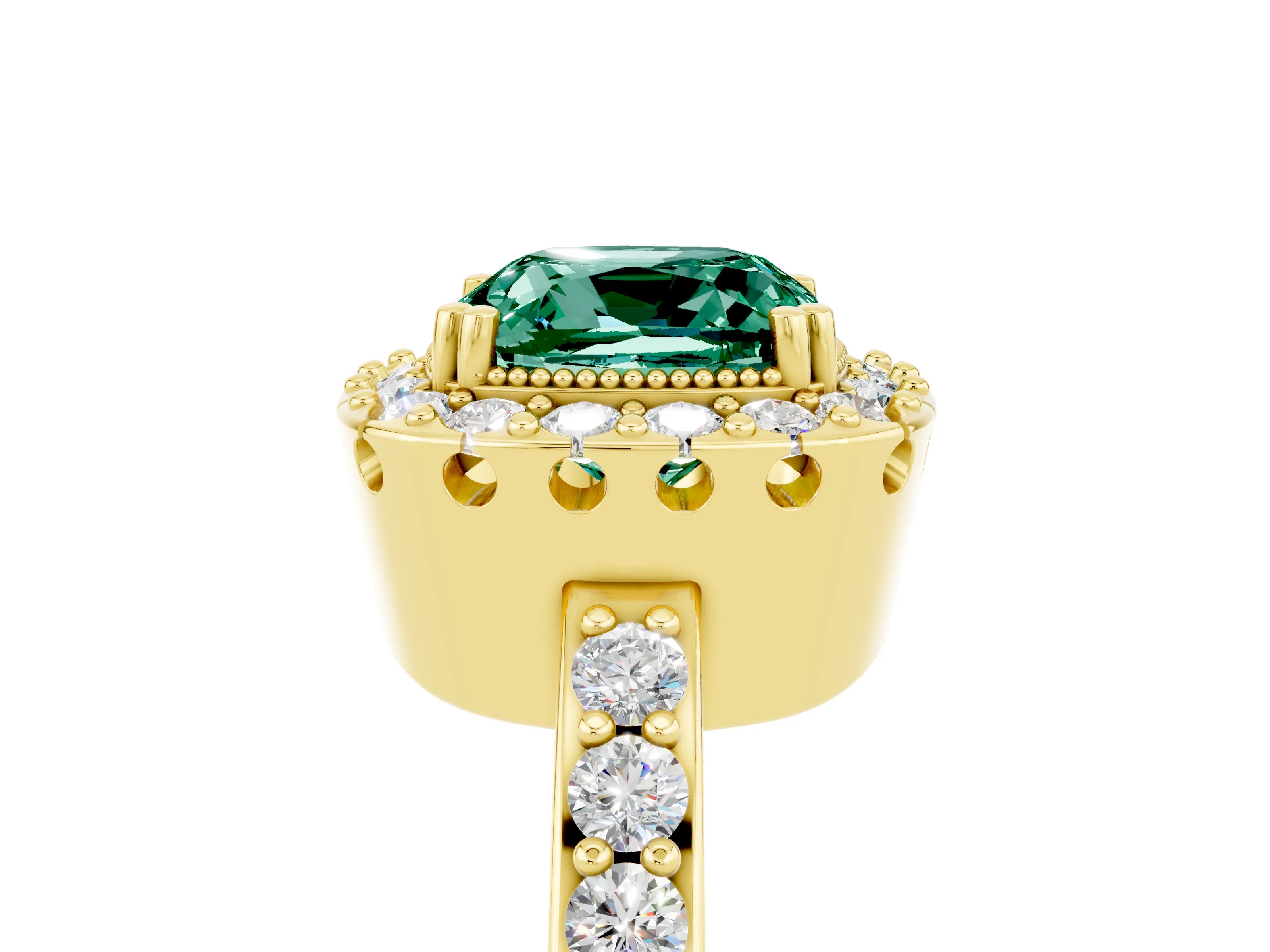 Yellow gold Cushion Cut Diamond Halo Ring with Pavé Band and Prong Setting_5