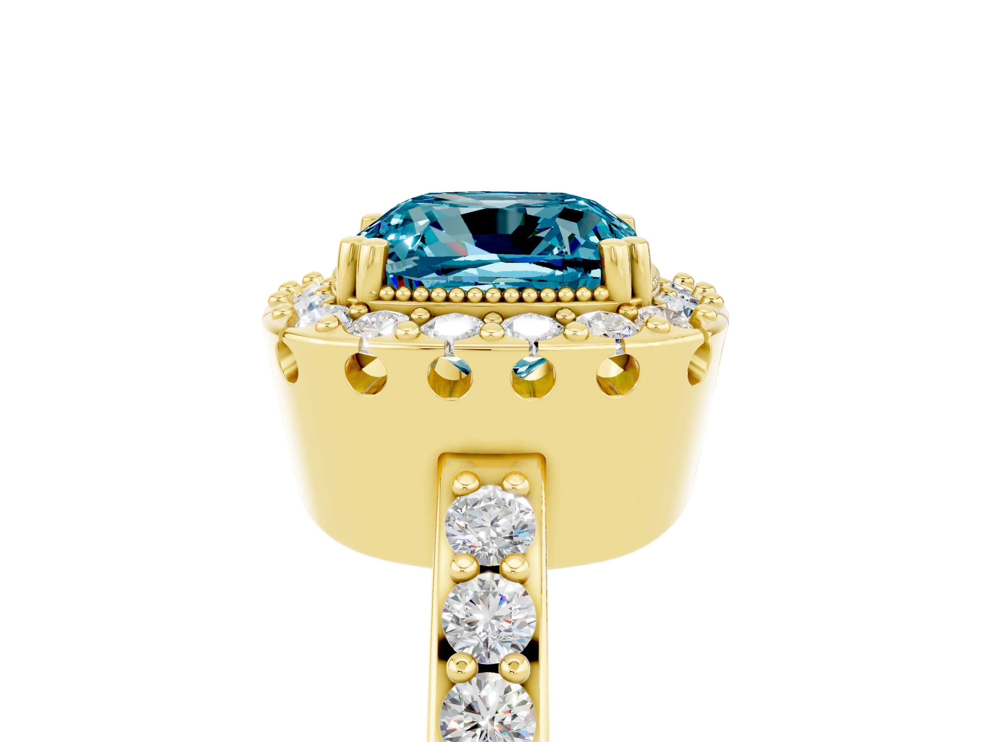 Yellow gold Cushion Cut Diamond Halo Ring with Pavé Band and Prong Setting_5