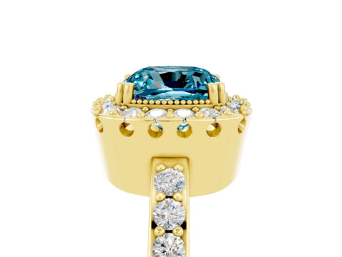 Yellow gold Cushion Cut Diamond Halo Ring with Pavé Band and Prong Setting_5