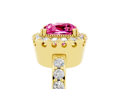 Yellow gold Cushion Cut Diamond Halo Ring with Pavé Band and Prong Setting_5